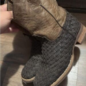 Brown and Black Woven Leather Boots